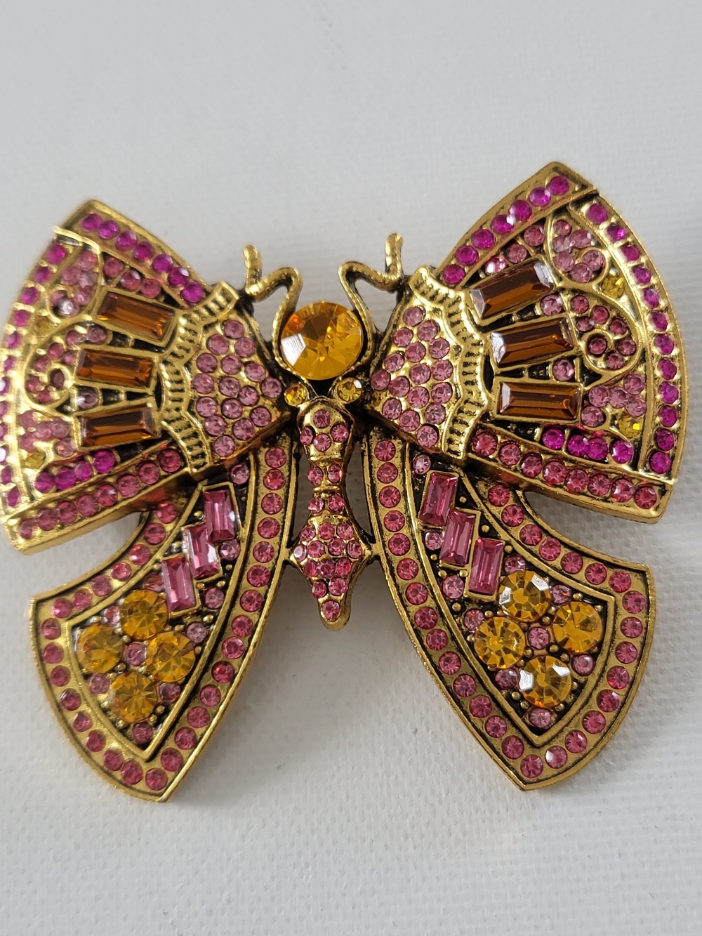 Gorgeous Gold-Tone Pink & Yellow Rhinestones Butterfly Brooch